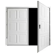 Wooden hinged garage door opening outward